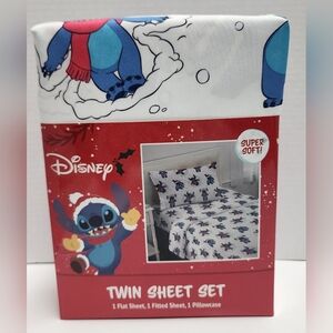 Disney Lilo and Stitch Christmas Holiday Twin Sheet Set Pillowcase Santa Hat New